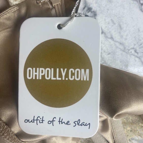 Oh POLLY Beige Satin Lace Slip Nightgown Lingerie Sexy Cocktail Bodycon Dress 4 - Picture 4 of 8